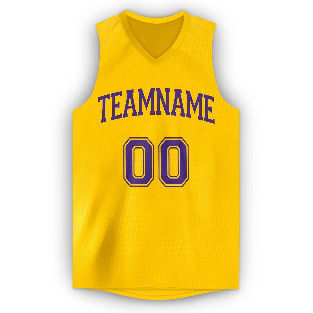 Custom Gold Purple V-Neck Basketball Jersey view 5