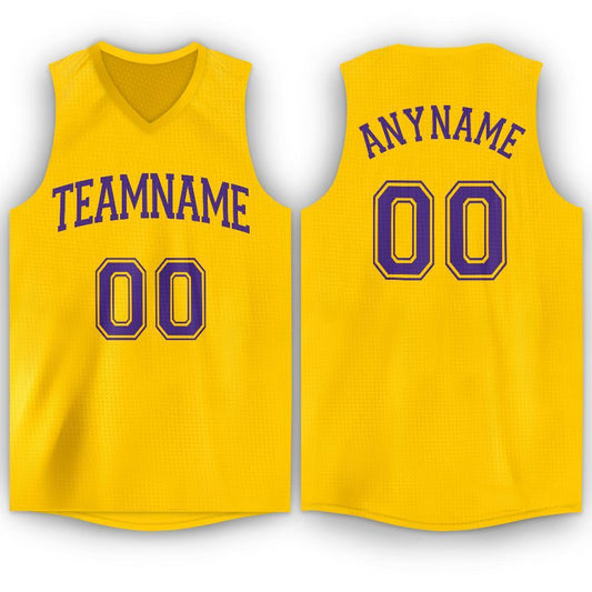 Custom Gold Purple V-Neck Basketball Jersey - Main View