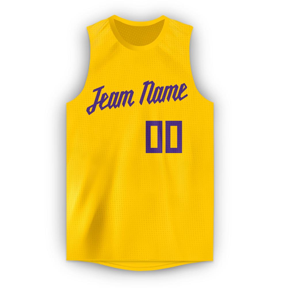 Custom Gold Purple Round Neck Basketball Jersey view 5