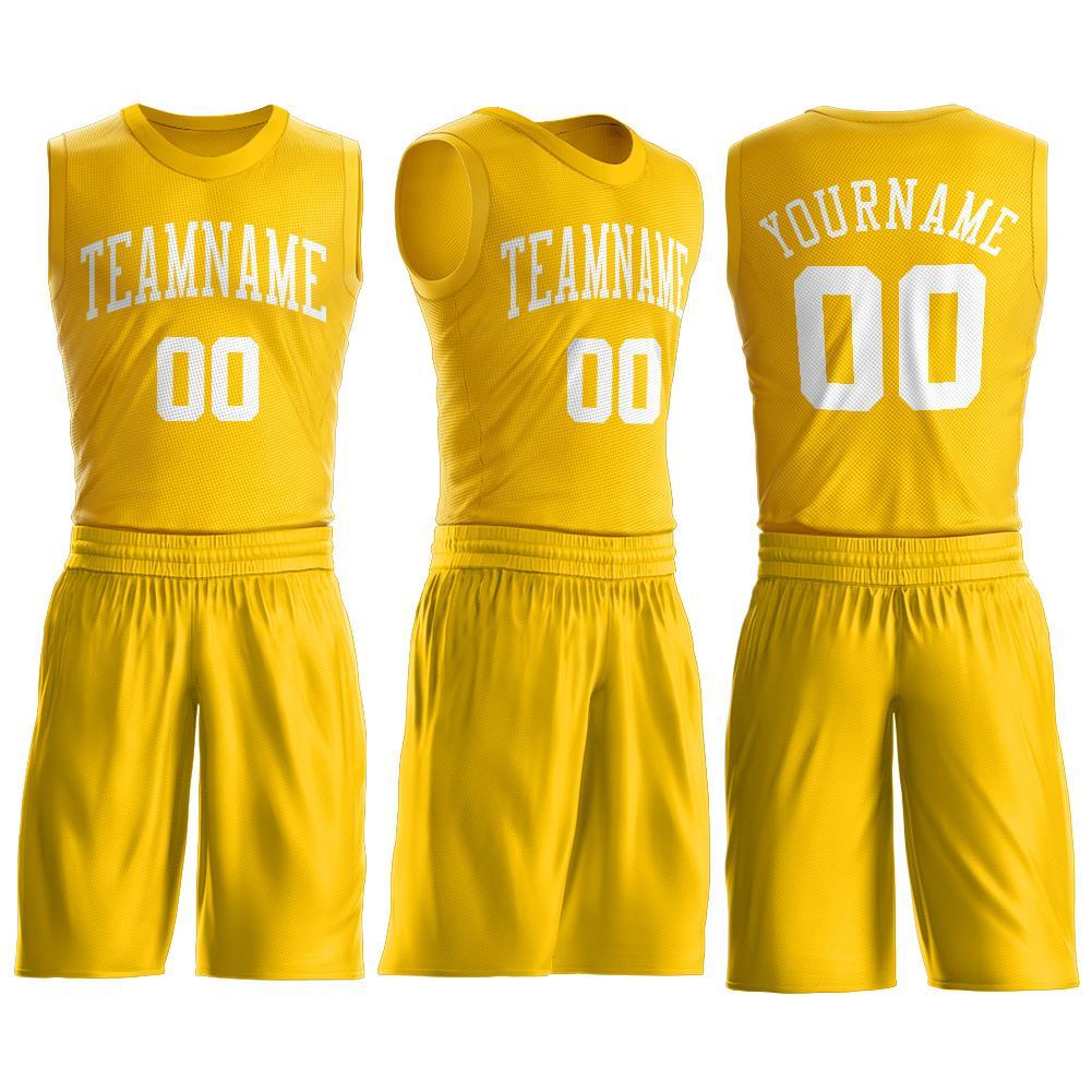 Custom Gold White Round Neck Basketball Uniform Jersey view 2