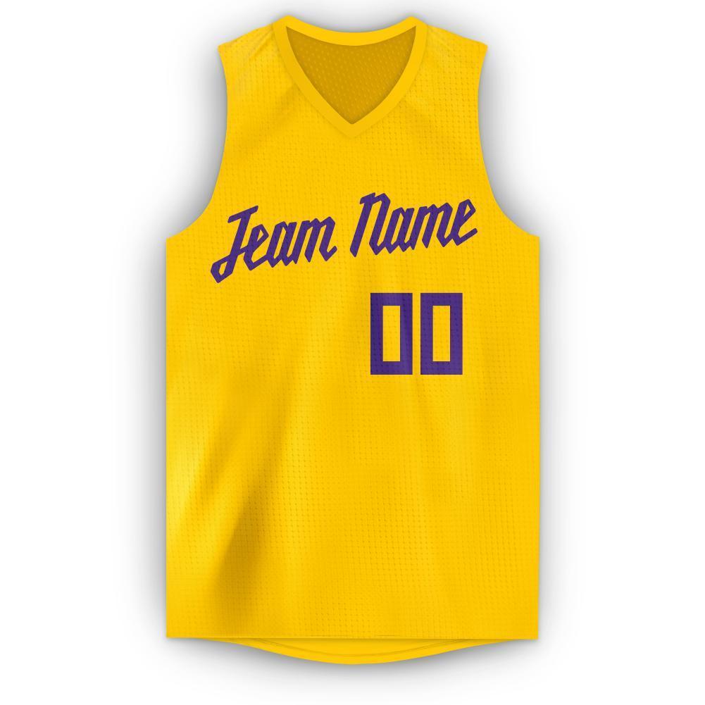 Custom Gold Purple V-Neck Basketball Jersey view 5