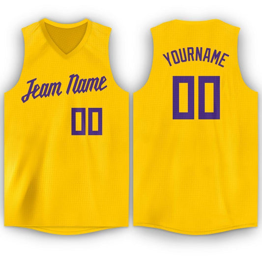 Custom Gold Purple V-Neck Basketball Jersey - Main View