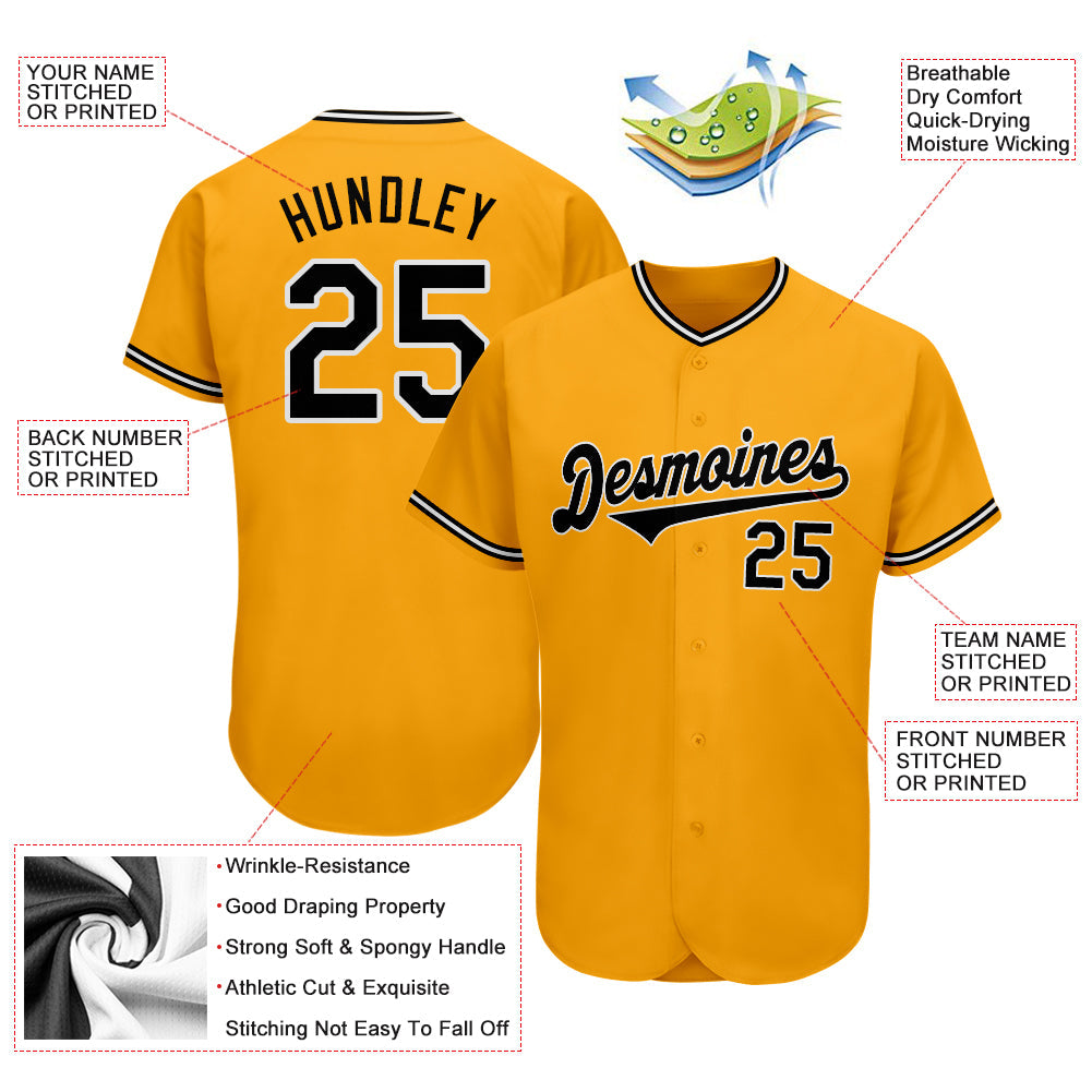 Custom Gold Black-White Authentic Baseball Jersey view 3