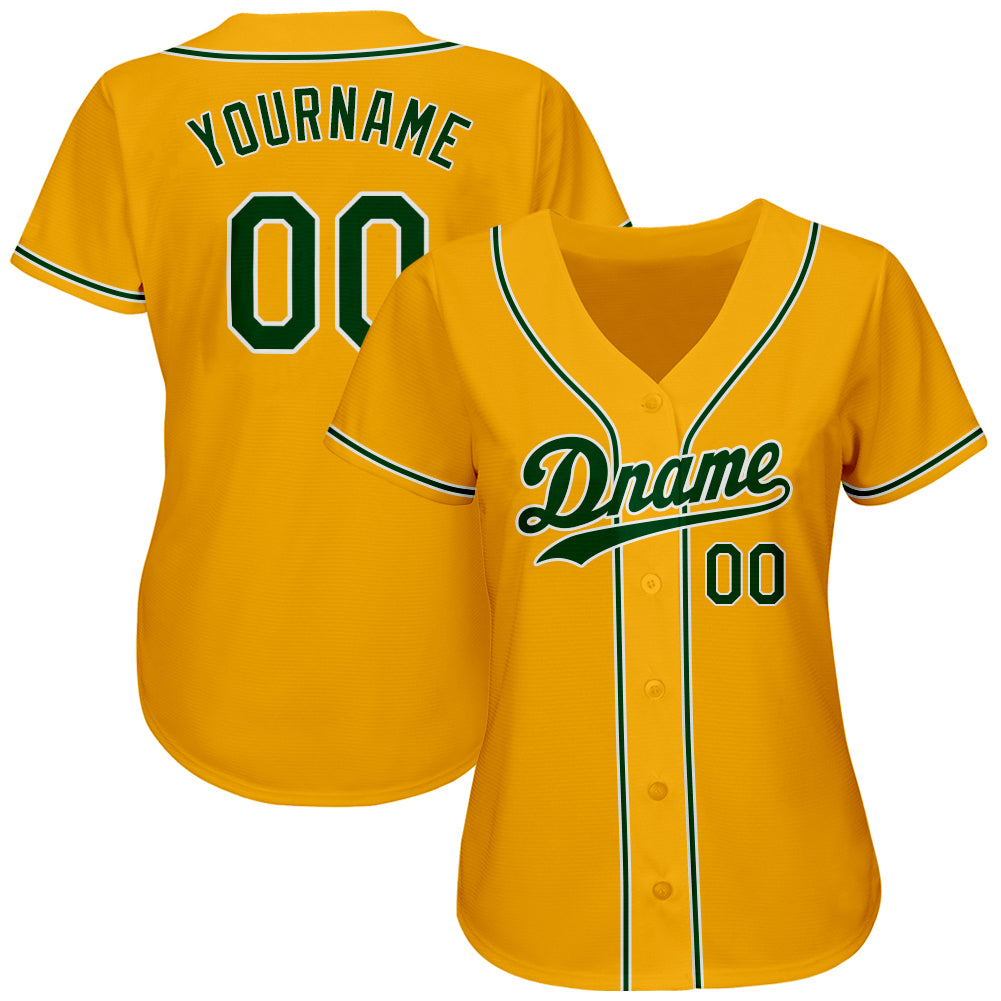 Custom Gold Green-White Authentic Baseball Jersey view 3