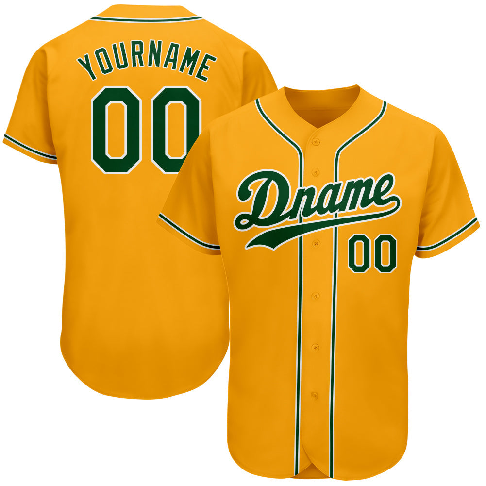 Custom Gold Green-White Authentic Baseball Jersey - Main View
