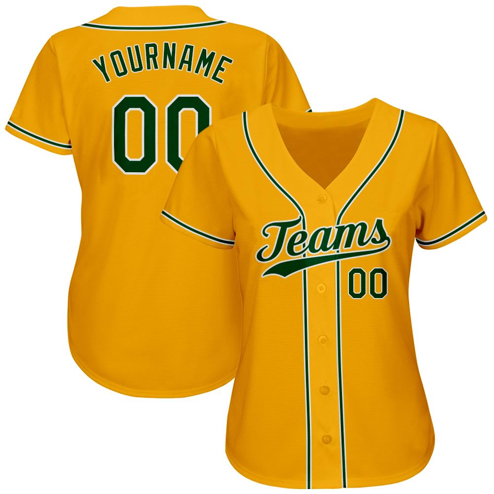 Custom Gold Green-White Authentic Baseball Jersey view 2