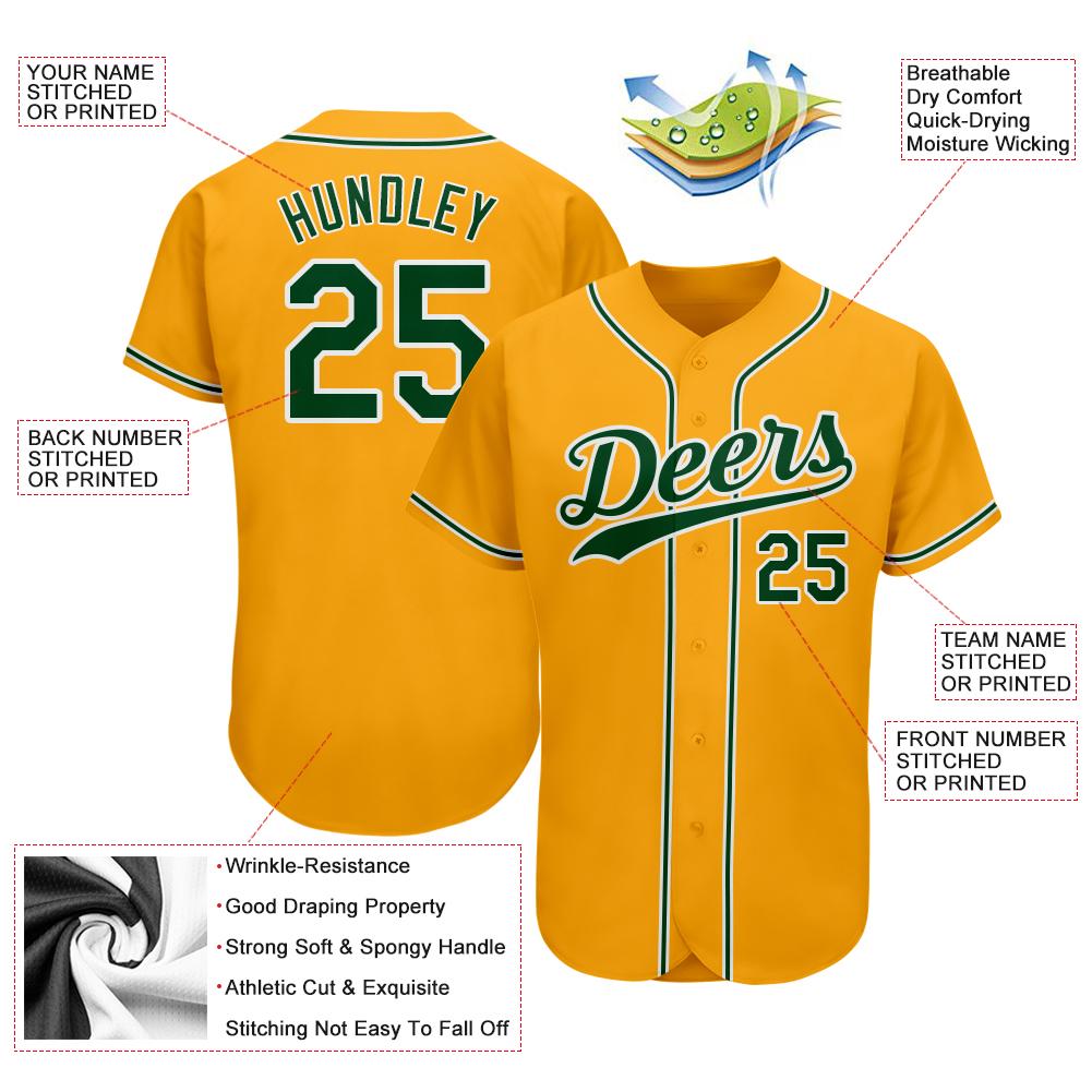 Custom Gold Green-White Authentic Baseball Jersey view 3