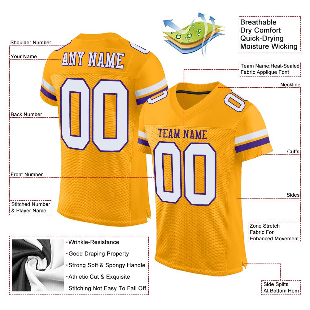 Custom Gold White-Purple Mesh Authentic Football Jersey view 4