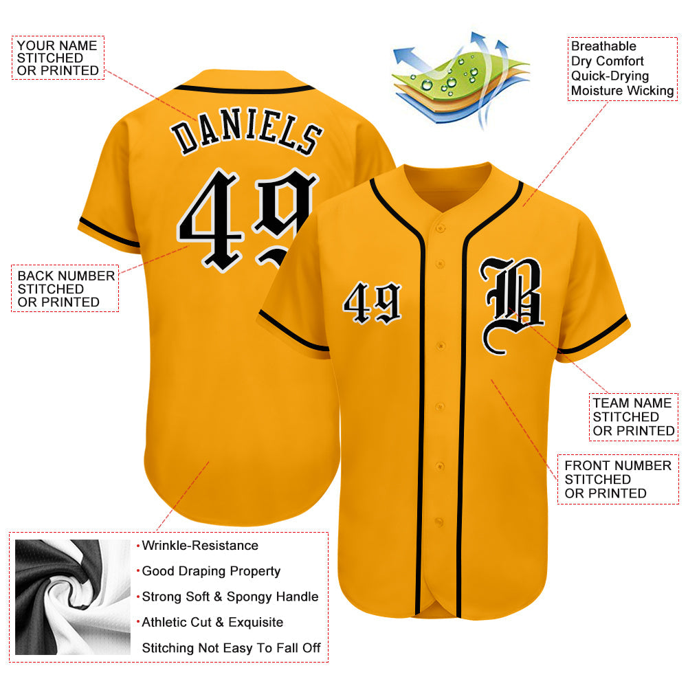 Custom Gold Black-White Authentic Baseball Jersey view 3