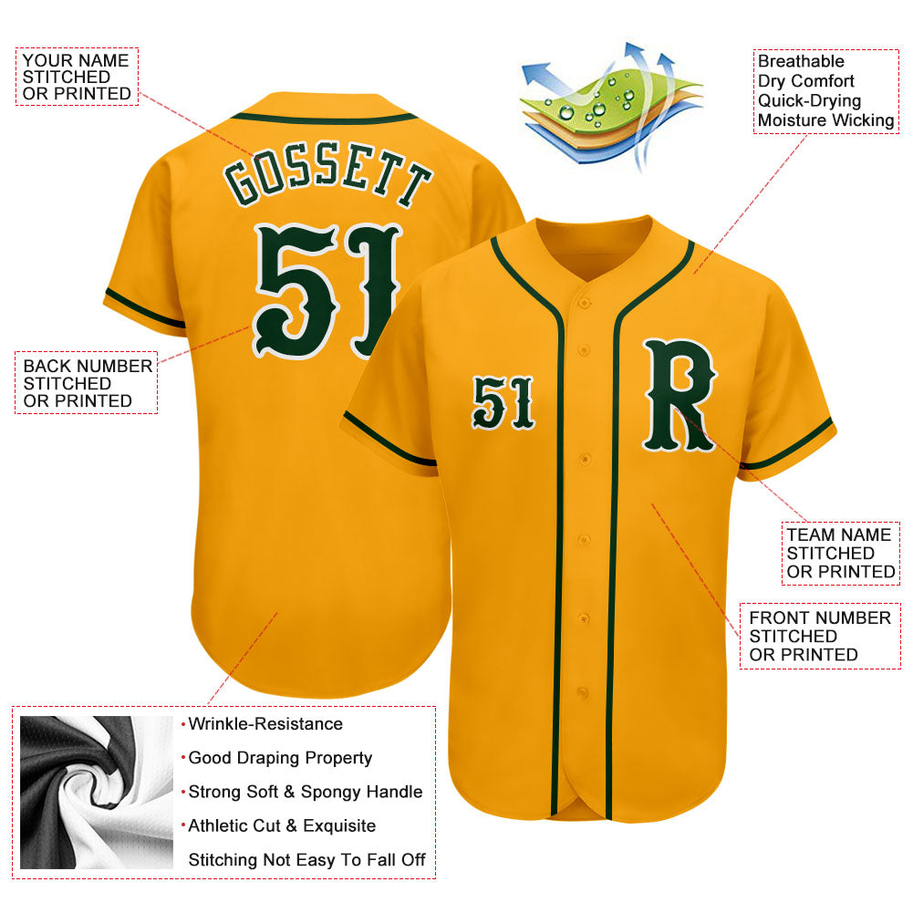 Custom Gold Green-White Authentic Baseball Jersey view 3