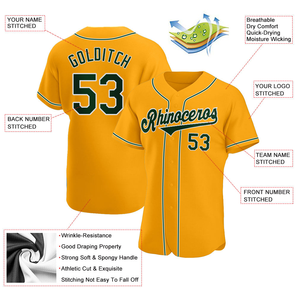 Custom Gold Green-White Authentic Baseball Jersey view 3