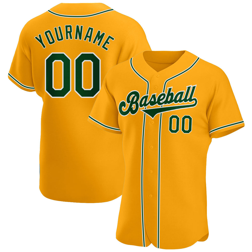 Custom Gold Green-White Authentic Baseball Jersey - Main View