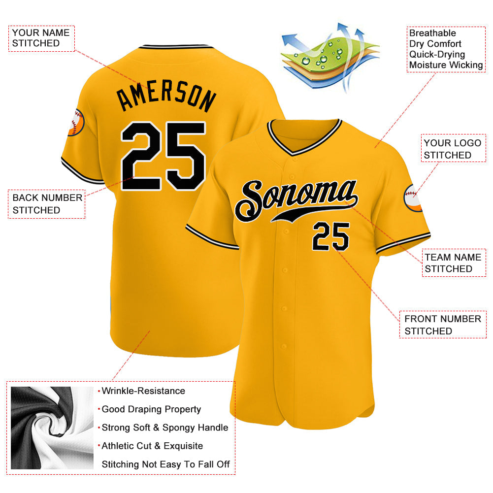 Custom Gold Black-White Authentic Baseball Jersey view 3