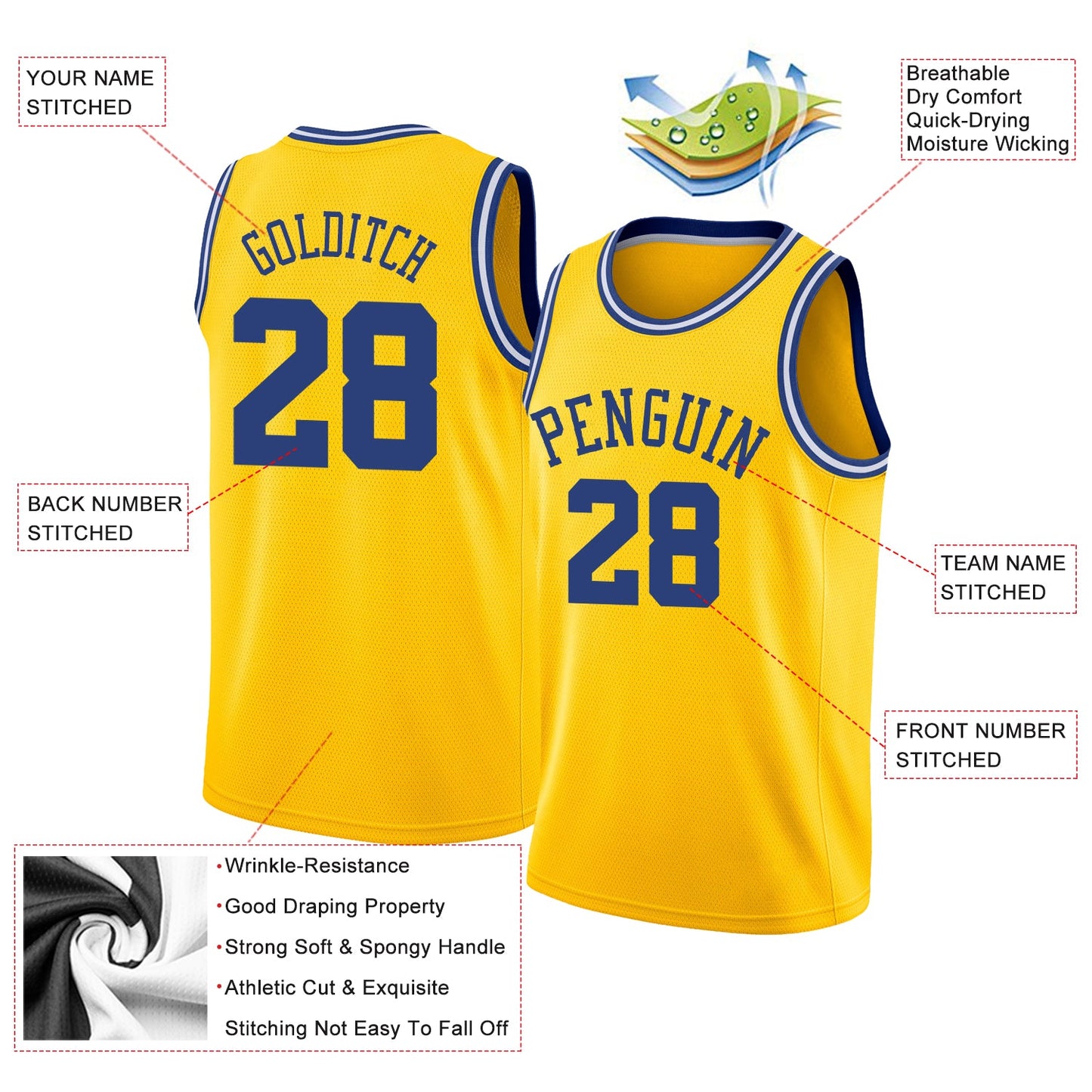 Custom Gold Royal-White Round Neck Rib-Knit Basketball Jersey view 2