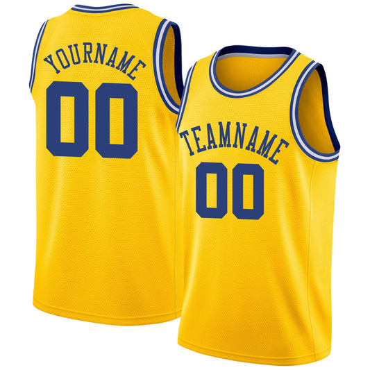 Custom Gold Royal-White Round Neck Rib-Knit Basketball Jersey - Main View