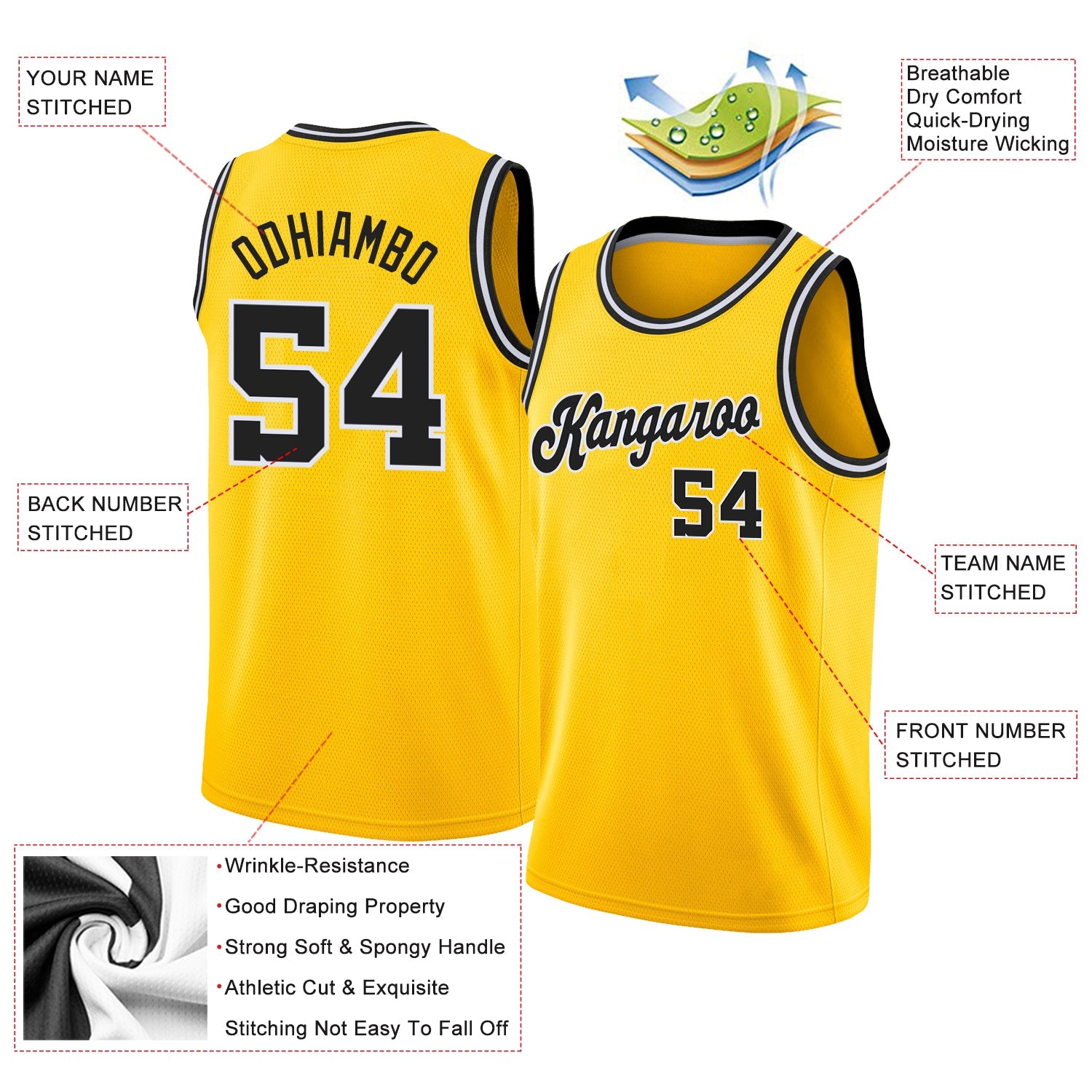 Custom Gold Black-White Round Neck Rib-Knit Basketball Jersey view 2