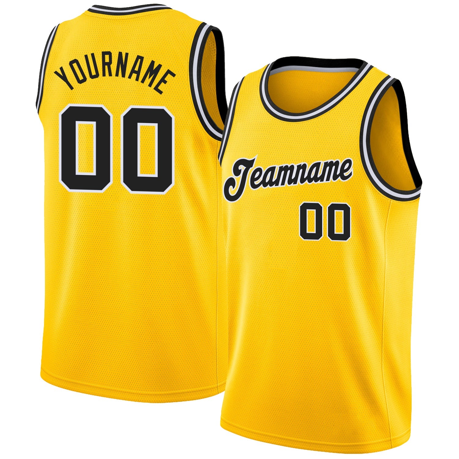 Custom Gold Black-White Round Neck Rib-Knit Basketball Jersey - Main View