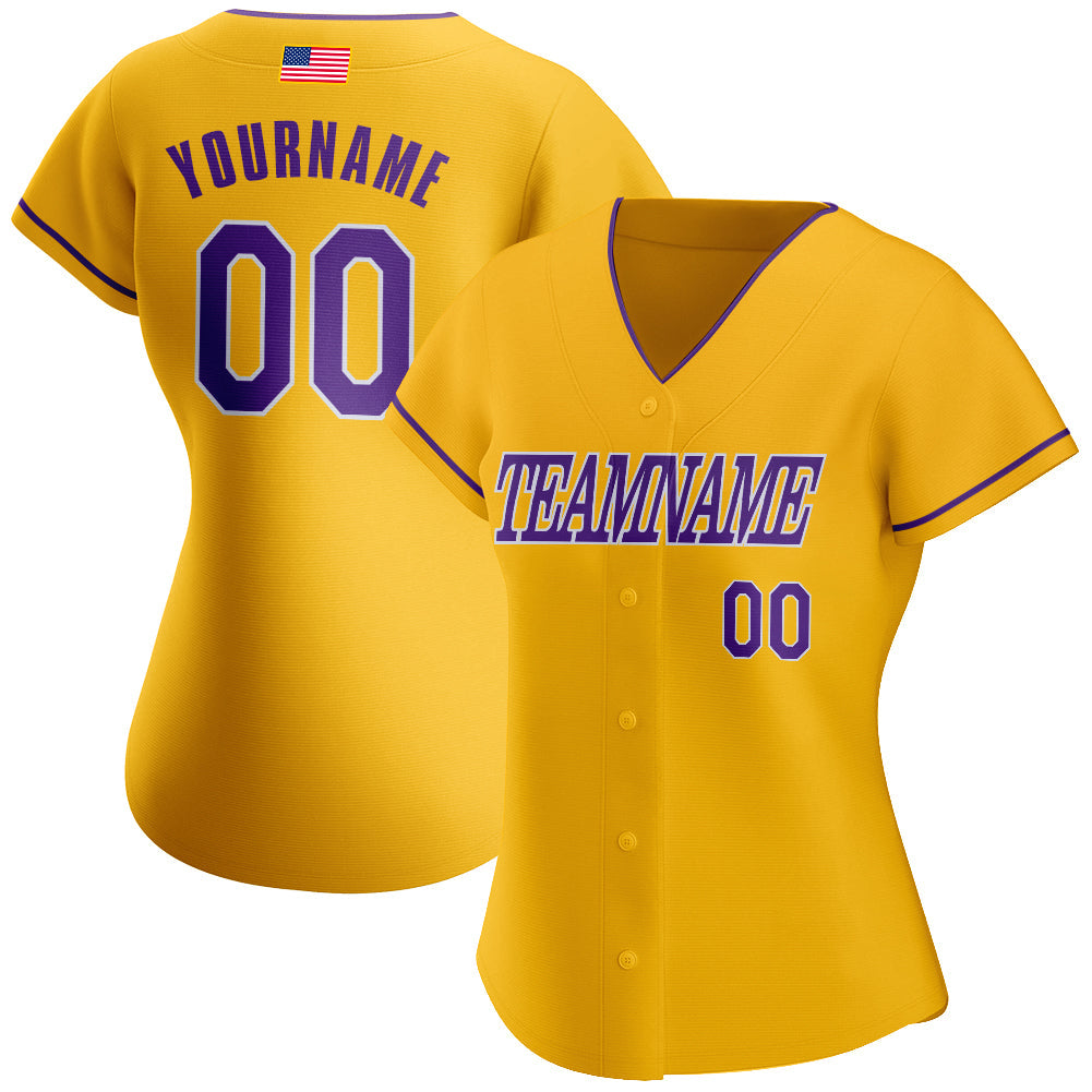 Custom Gold Purple-White Authentic American Flag Fashion Baseball Jersey view 2