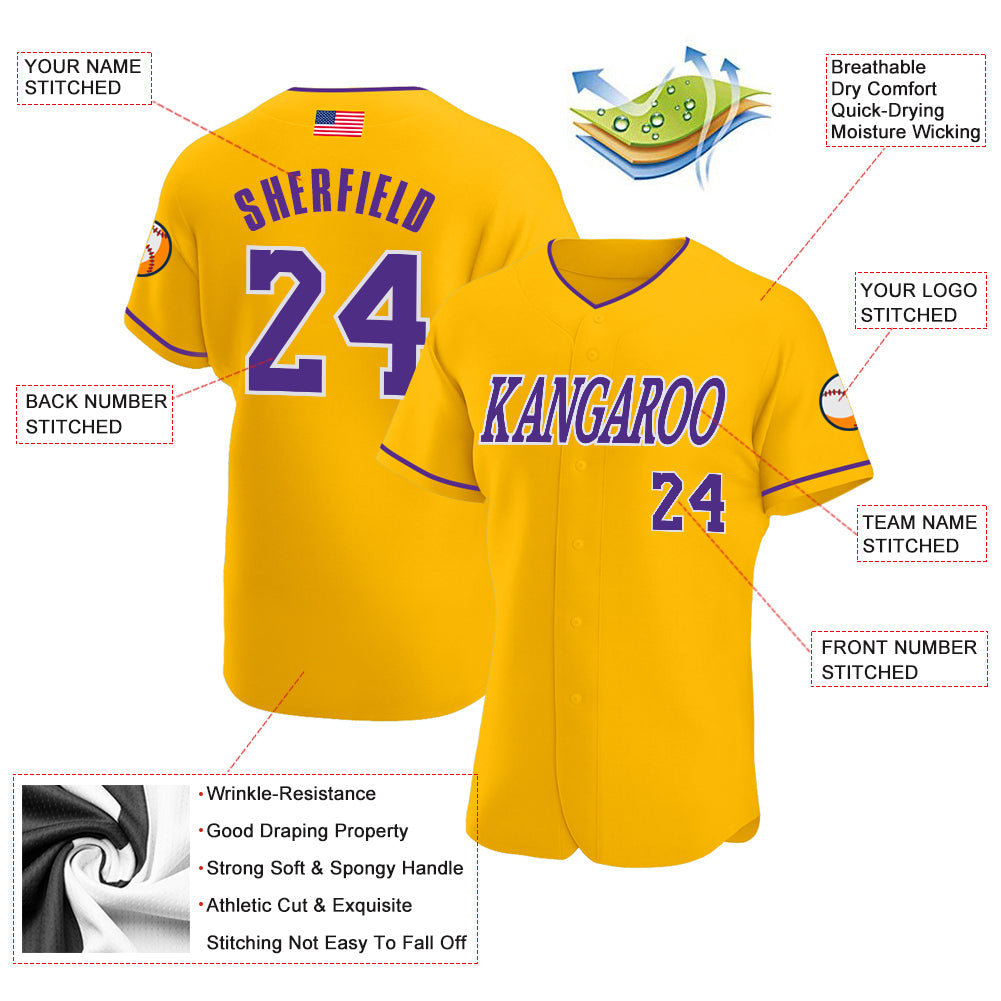 Custom Gold Purple-White Authentic American Flag Fashion Baseball Jersey view 3