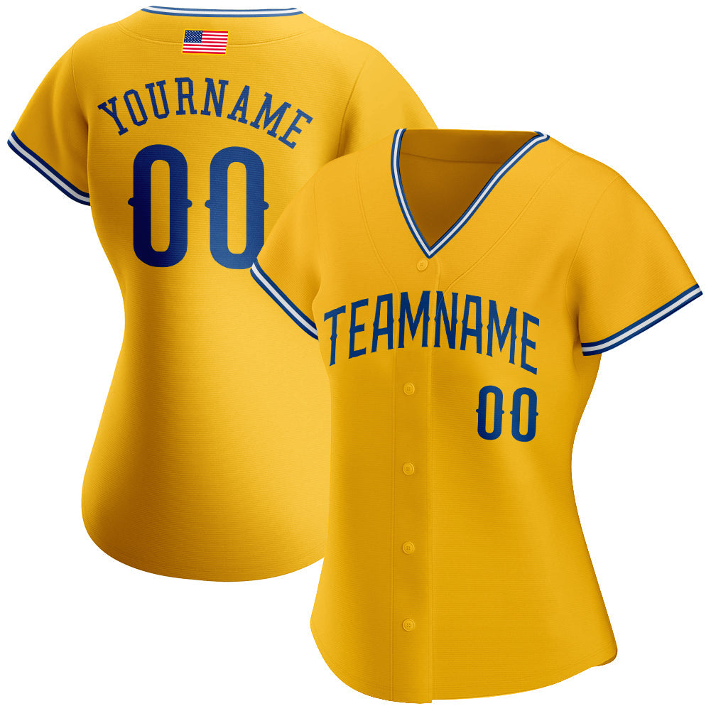 Custom Gold Royal-White Authentic American Flag Fashion Baseball Jersey view 2