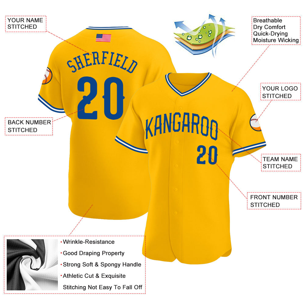 Custom Gold Royal-White Authentic American Flag Fashion Baseball Jersey view 3