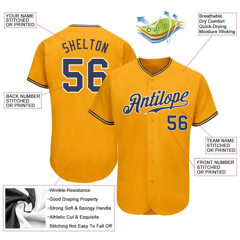 Custom Gold Navy-White Authentic Baseball Jersey view 3