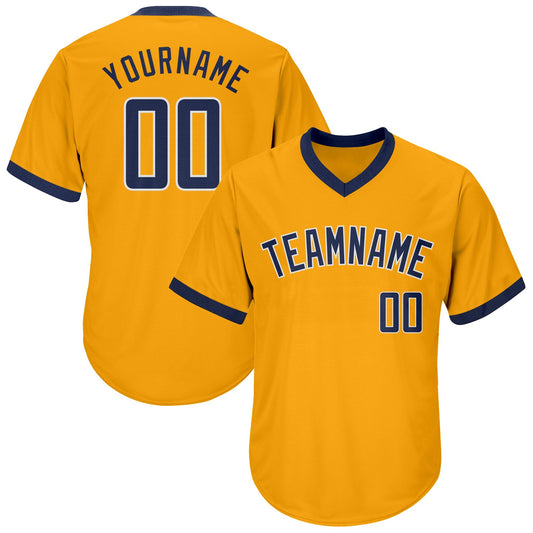 Custom Gold Navy-White Authentic Throwback Rib-Knit Baseball Jersey Shirt - Main View