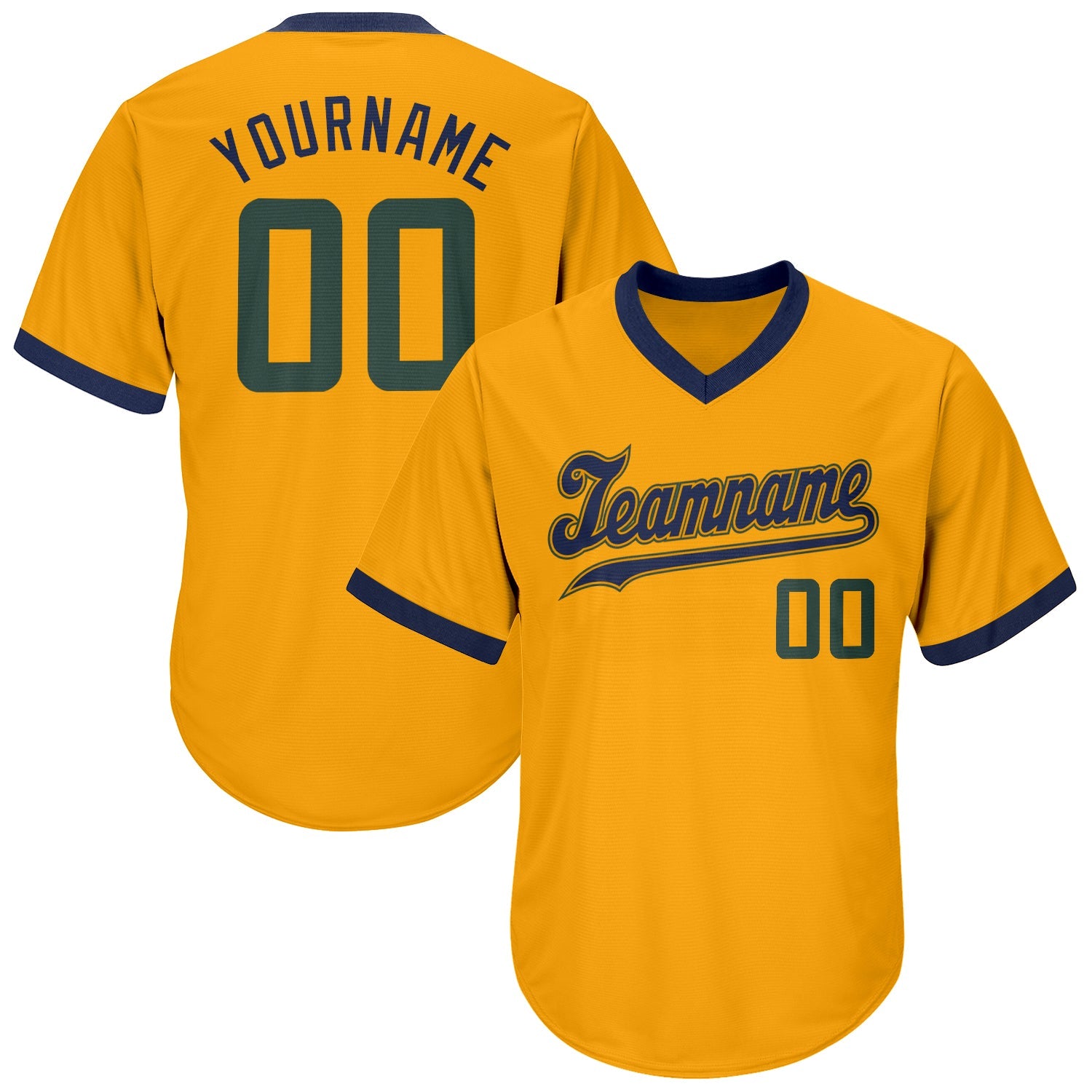 Custom Gold Hunter Green-Navy Authentic Throwback Rib-Knit Baseball Jersey Shirt - Main View