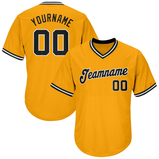 Custom Gold Black-White Authentic Throwback Rib-Knit Baseball Jersey Shirt - Main View