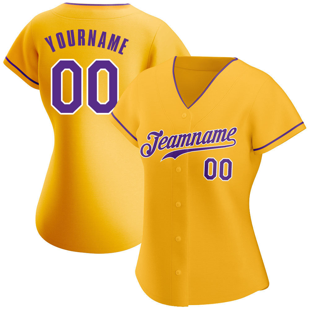 Custom Gold Purple-White Authentic Baseball Jersey view 2
