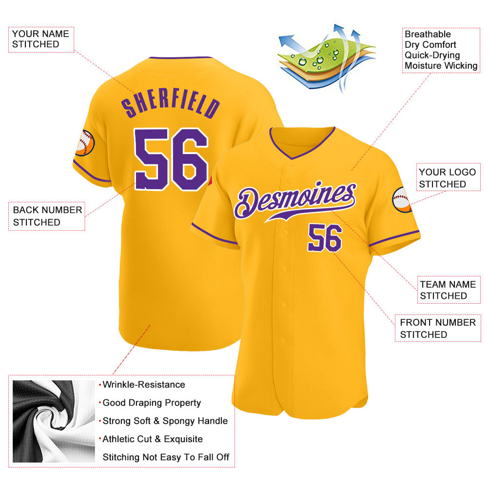 Custom Gold Purple-White Authentic Baseball Jersey view 3