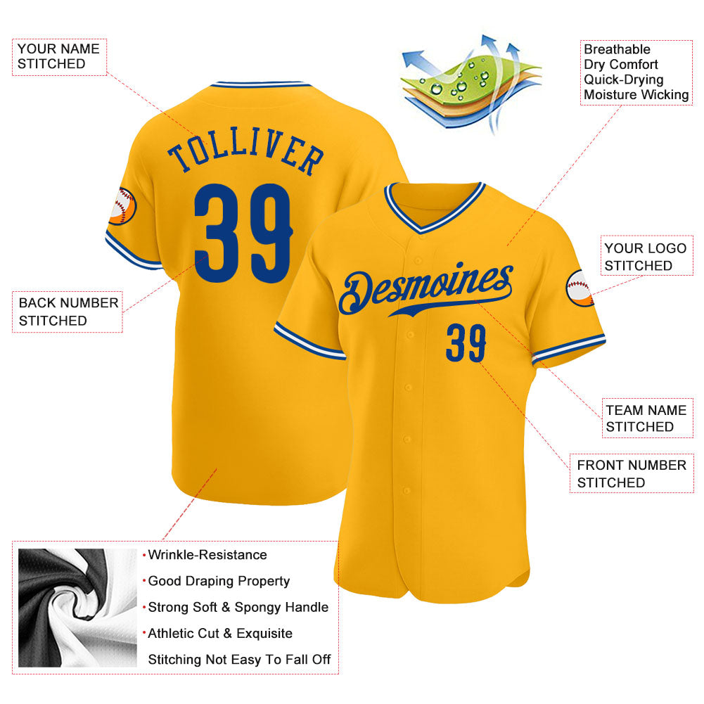 Custom Gold Royal-White Authentic Baseball Jersey view 3