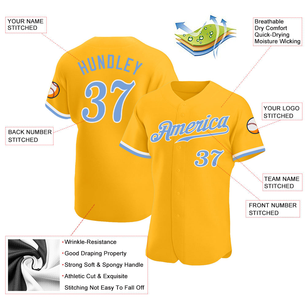 Custom Gold Light Blue-White Authentic Baseball Jersey view 3