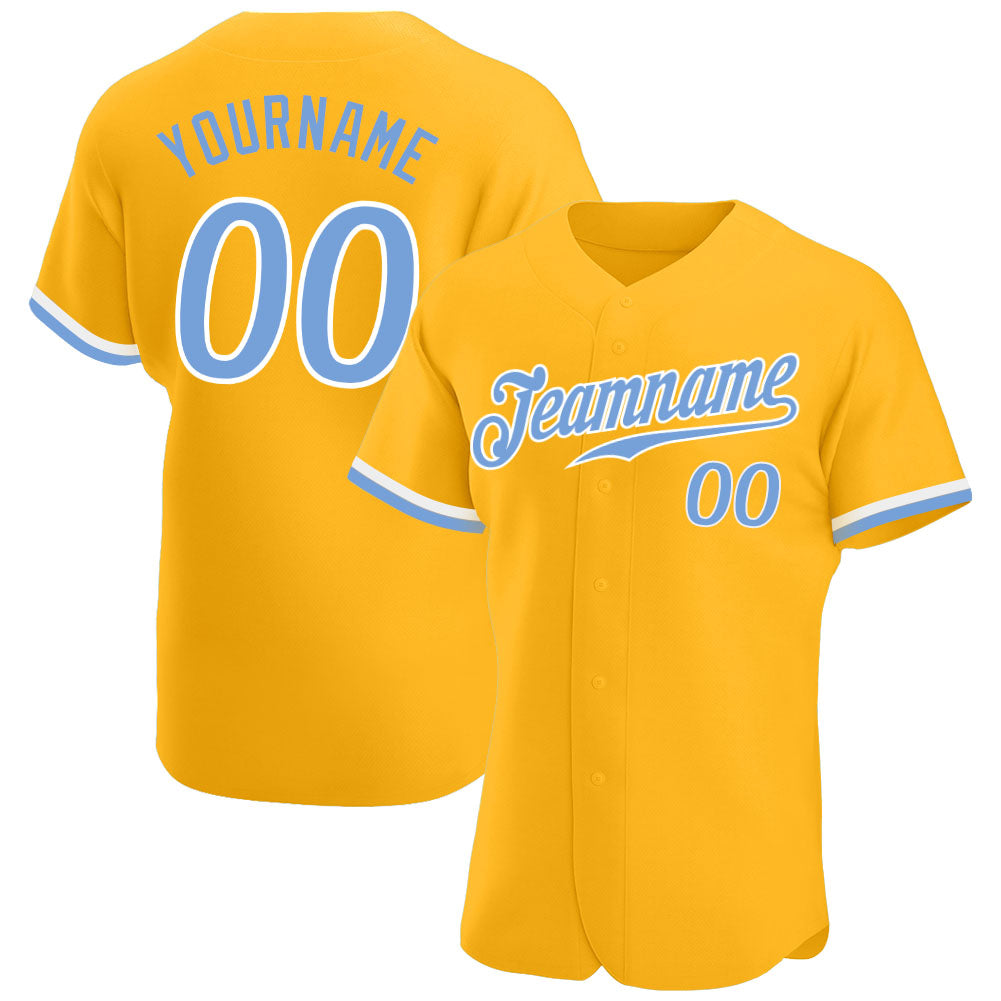 Custom Gold Light Blue-White Authentic Baseball Jersey - Main View
