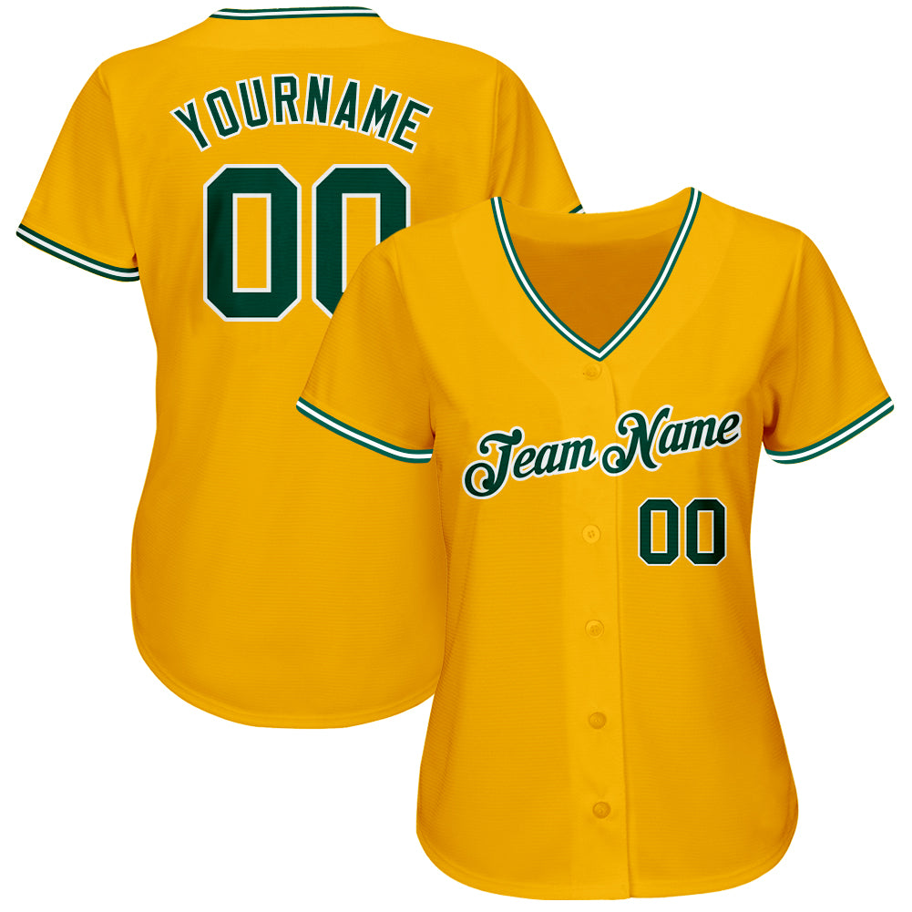 Custom Gold Green-White Authentic Baseball Jersey view 2