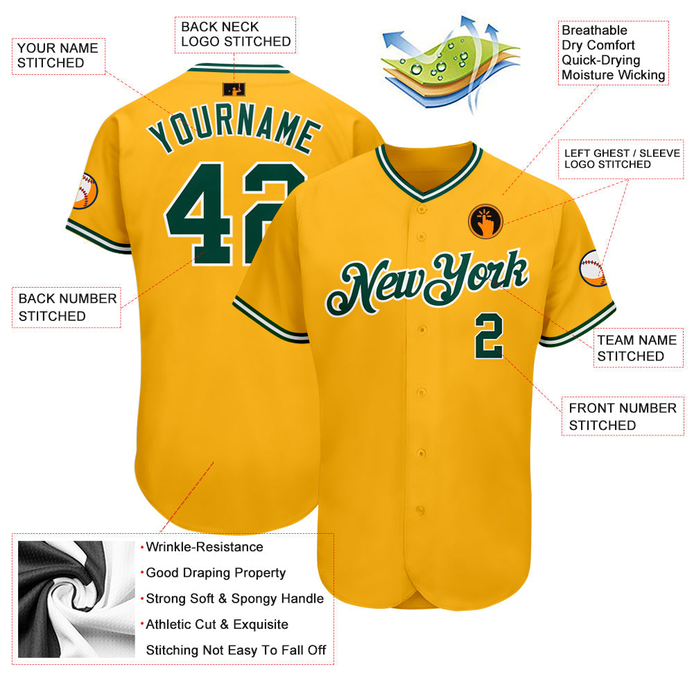 Custom Gold Green-White Authentic Baseball Jersey view 3
