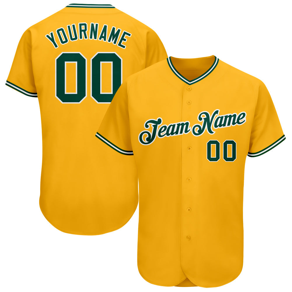 Custom Gold Green-White Authentic Baseball Jersey - Main View