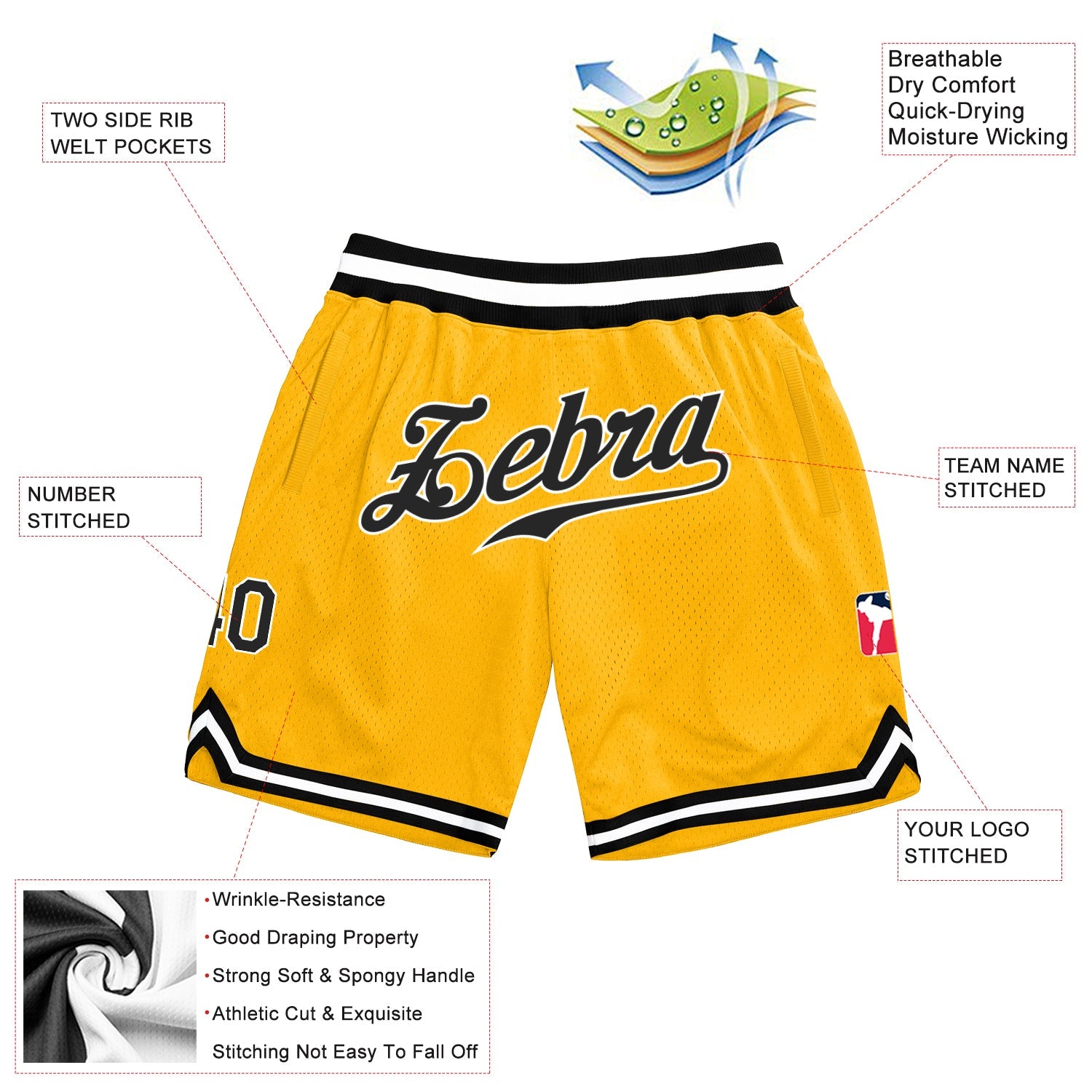 Custom Gold Black-White Authentic Throwback Basketball Shorts view 2