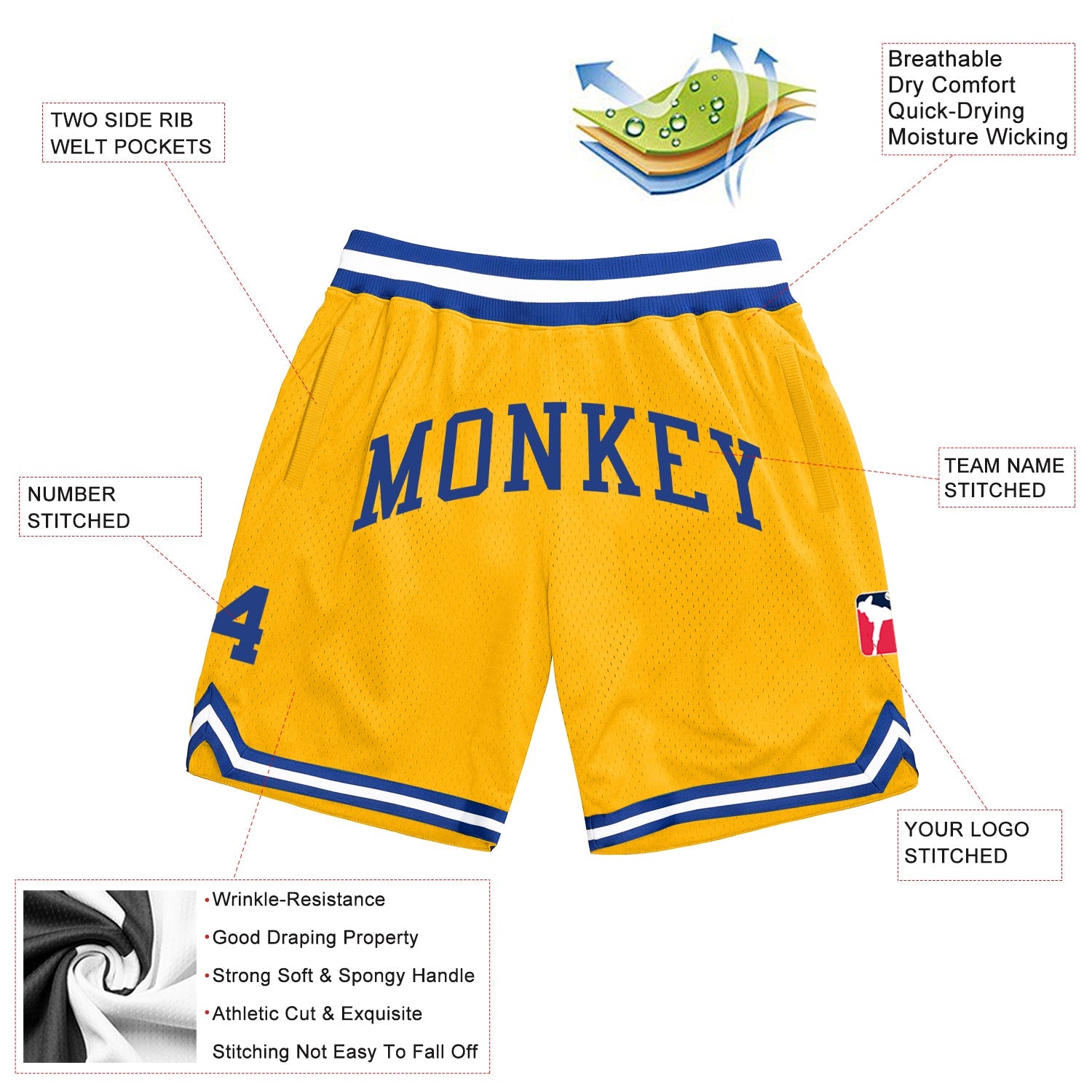 Custom Gold Royal-White Authentic Throwback Basketball Shorts view 2