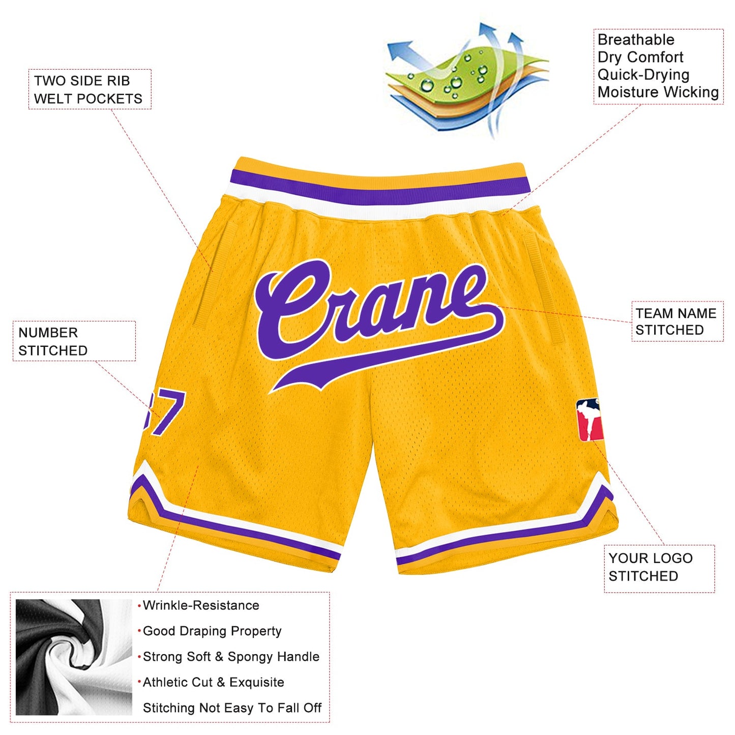 Custom Gold Purple-White Authentic Throwback Basketball Shorts view 3
