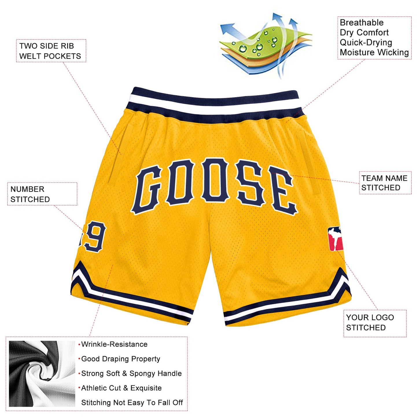 Custom Gold Navy-White Authentic Throwback Basketball Shorts view 2