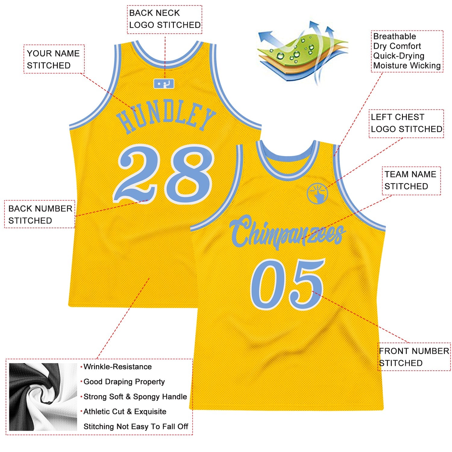Custom Gold Light Blue-White Authentic Throwback Basketball Jersey view 2