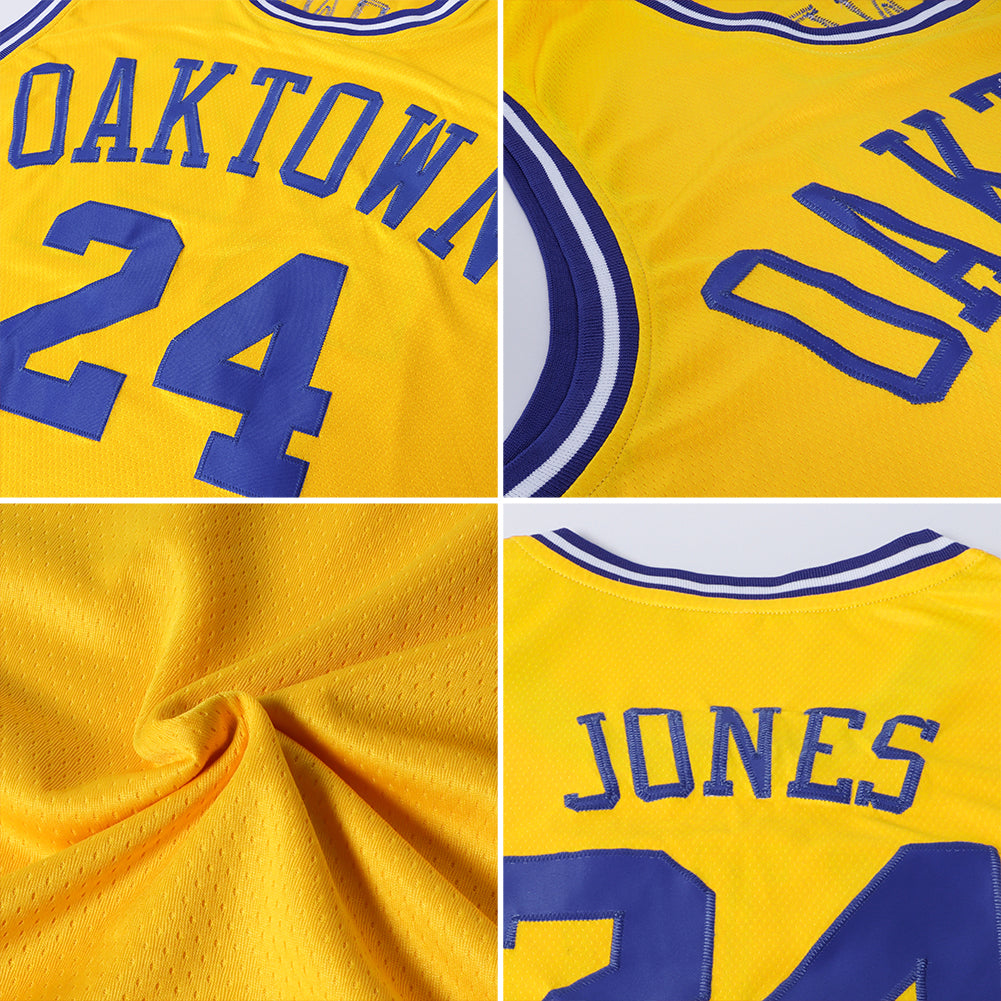 Custom Gold Light Blue-White Authentic Throwback Basketball Jersey view 5