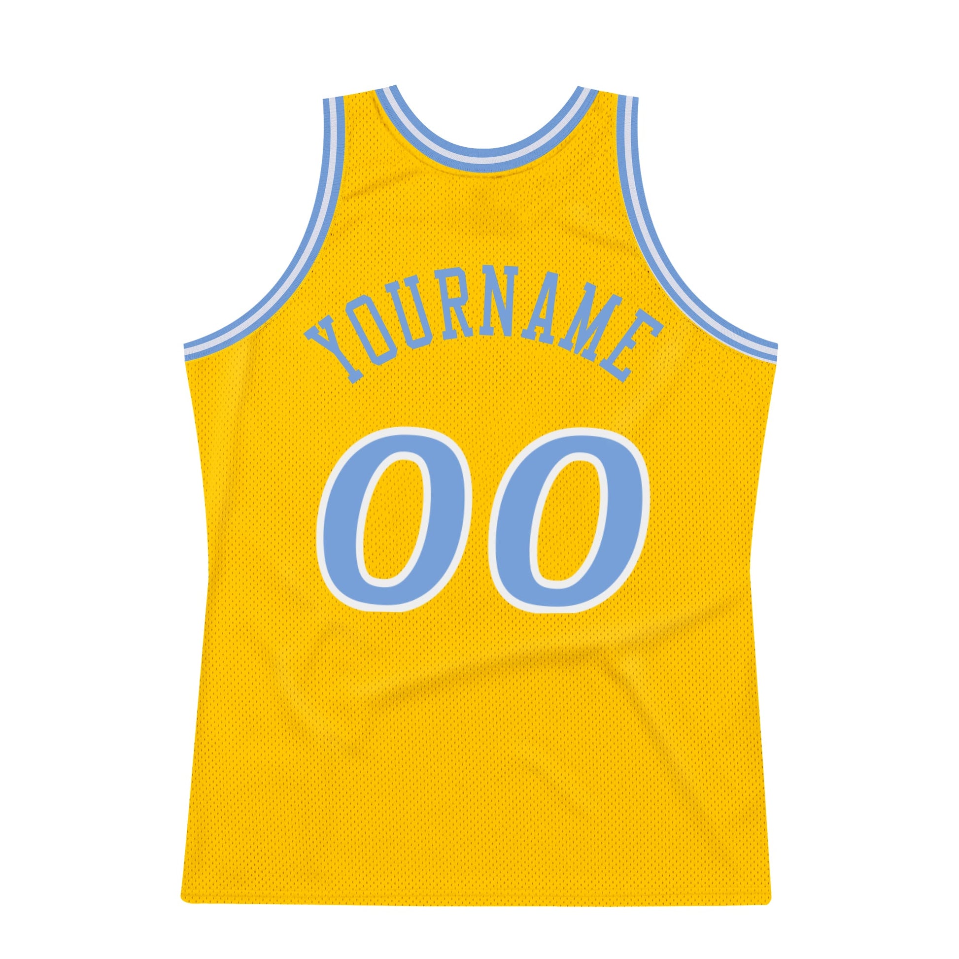 Custom Gold Light Blue-White Authentic Throwback Basketball Jersey view 6