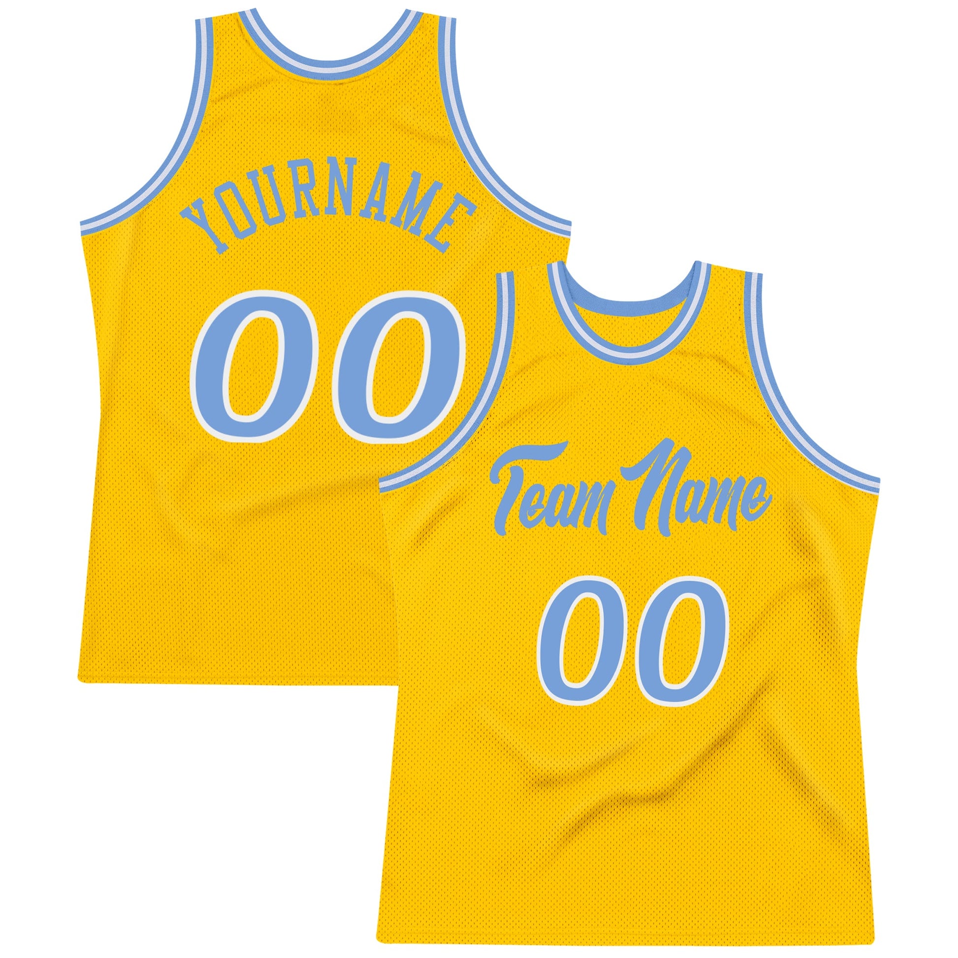Custom Gold Light Blue-White Authentic Throwback Basketball Jersey - Main View