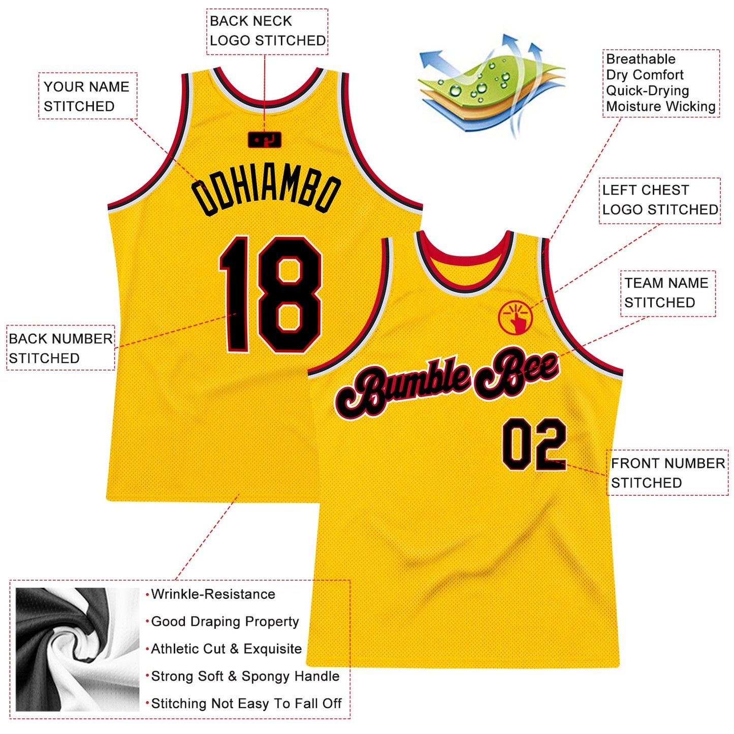 Custom Gold Black-Red Authentic Throwback Basketball Jersey view 2