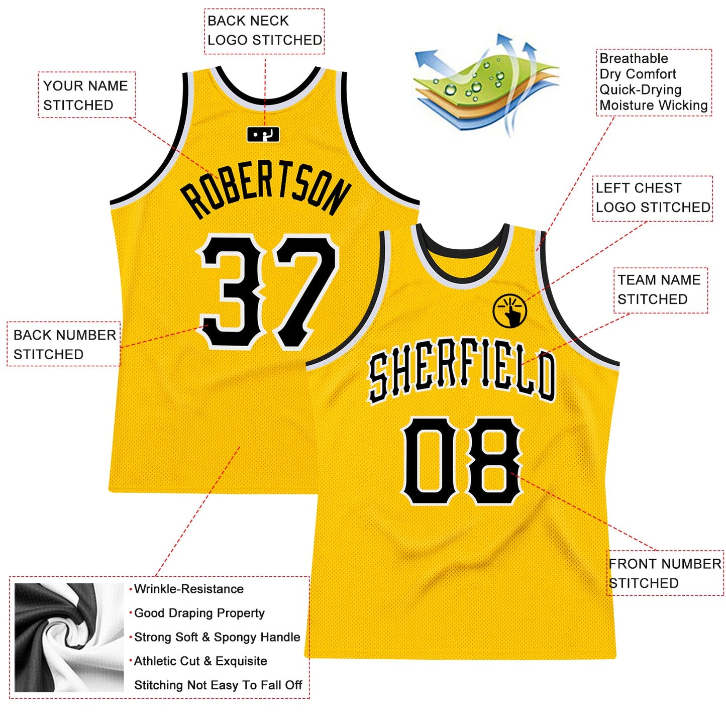 Custom Gold Black-White Authentic Throwback Basketball Jersey view 2