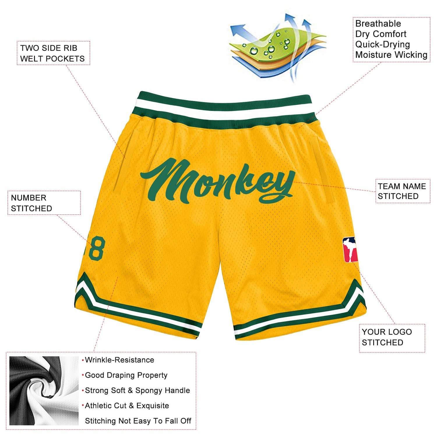 Custom Gold Kelly Green-White Authentic Throwback Basketball Shorts view 2
