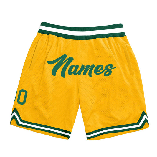 Custom Gold Kelly Green-White Authentic Throwback Basketball Shorts - Main View