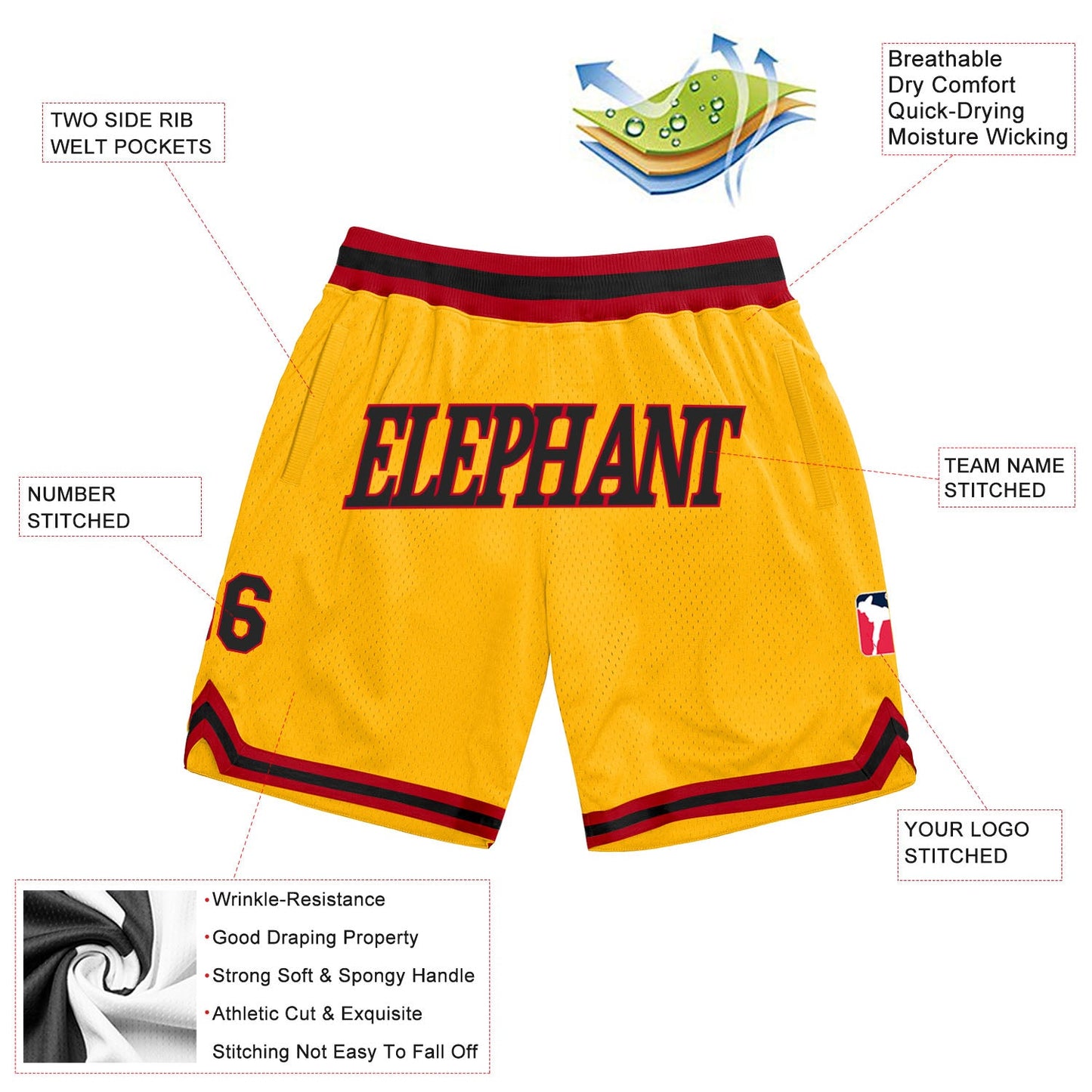 Custom Gold Black-Red Authentic Throwback Basketball Shorts view 2